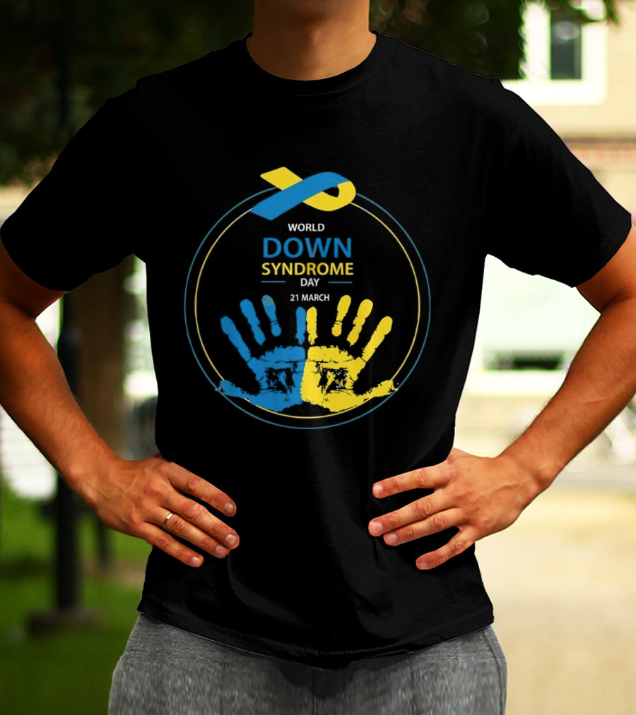 World Down Syndrome Day 21 March Blue Yellow Handprint Ribbon T-Shirt