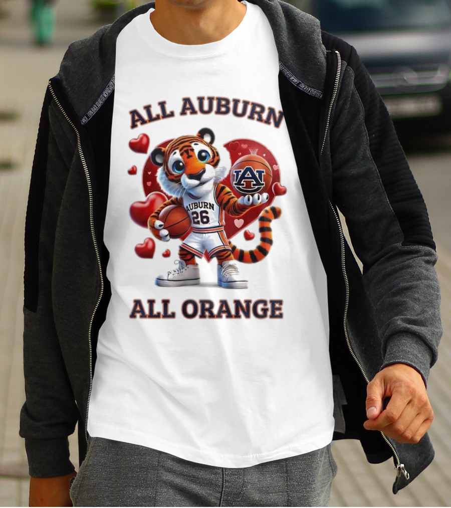 All Auburn All Orange Auburn Tigers Basketball Mascot Hearts T-Shirt