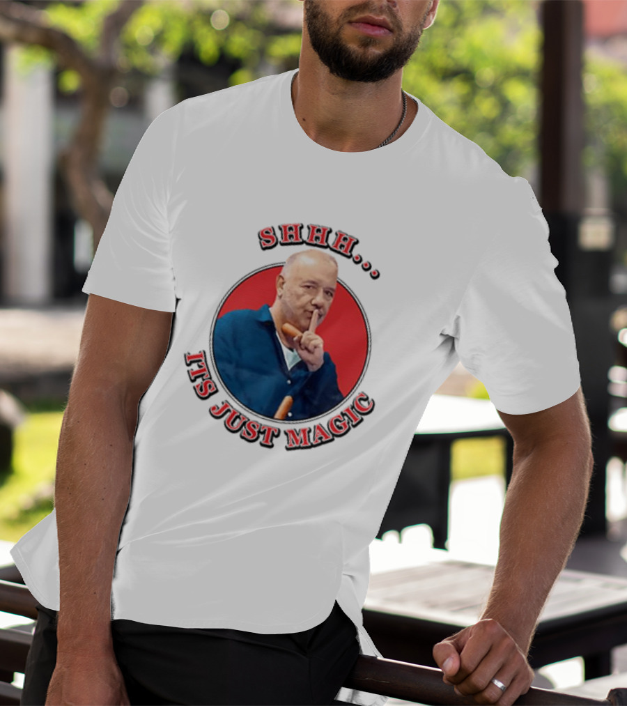 Bob Mortimer Shhh It's Just Magic Finger Gesture Silence Humor T-Shirt