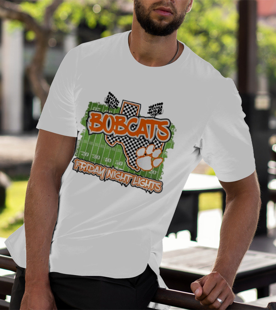 Bobcats Friday Night Lights Texas Football Paw Print Field Checkerboard T-Shirt
