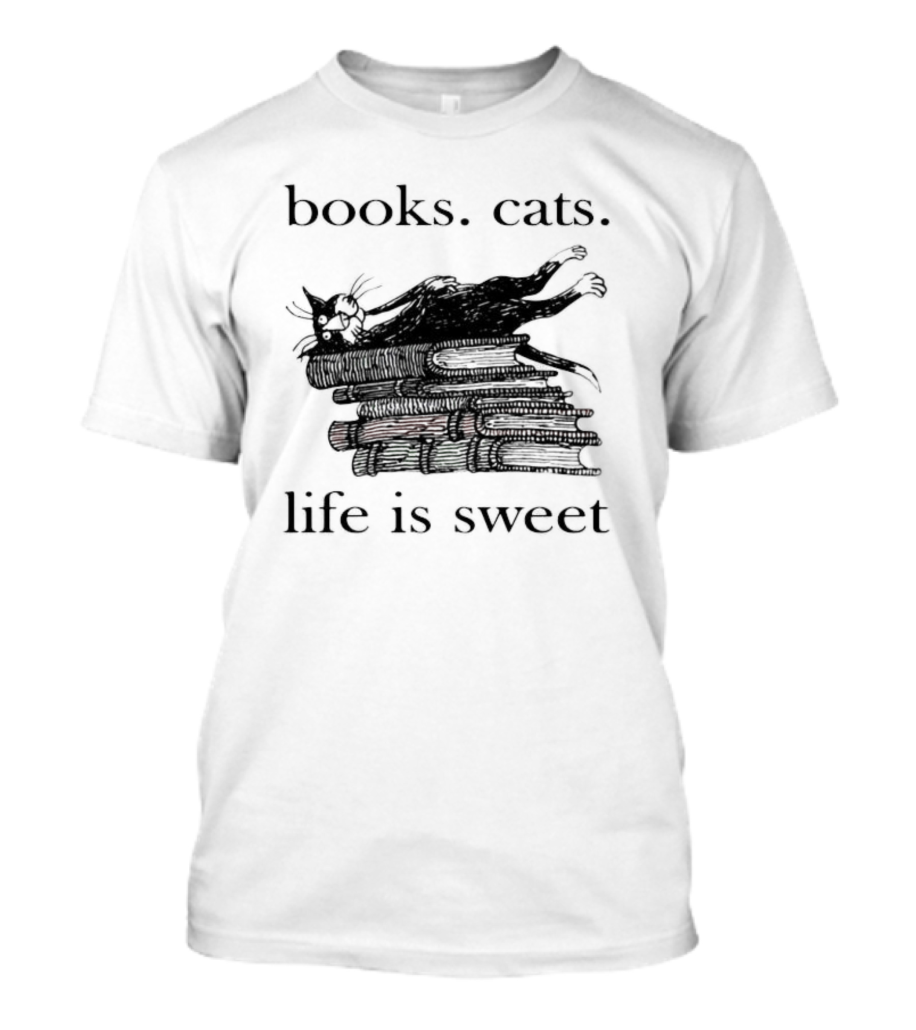 Books Cats Life Is Sweet Relaxing Cat On Stacked Books With Coffee Cup T-Shirt