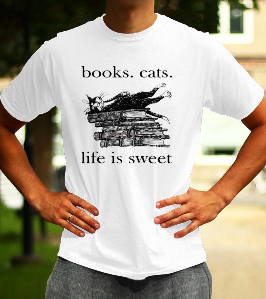 Books Cats Life Is Sweet Relaxing Cat On Stacked Books With Coffee Cup T-Shirt
