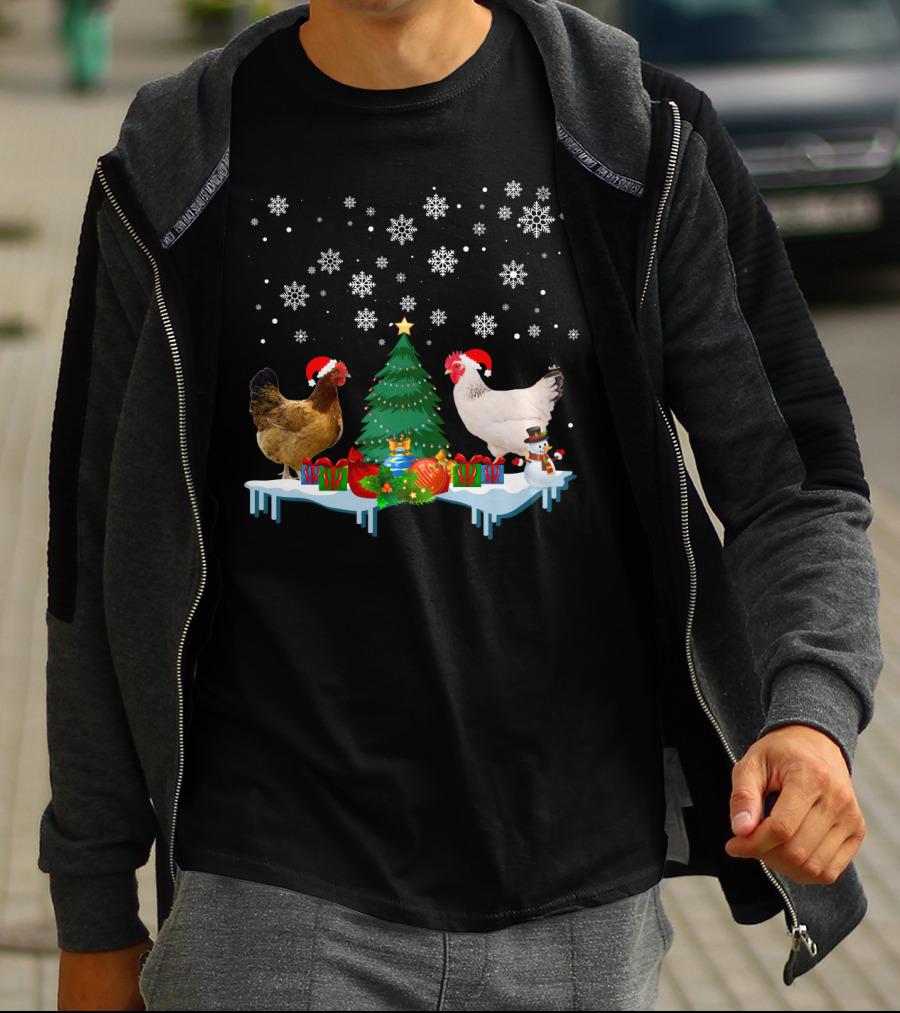 Chicken Merry Christmas Snowflake Festive Scene T-Shirt