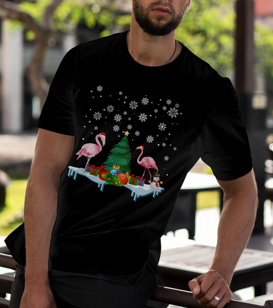 Flamingo Merry Snowflakes Christmas Tree And Santa Hat T-Shirt