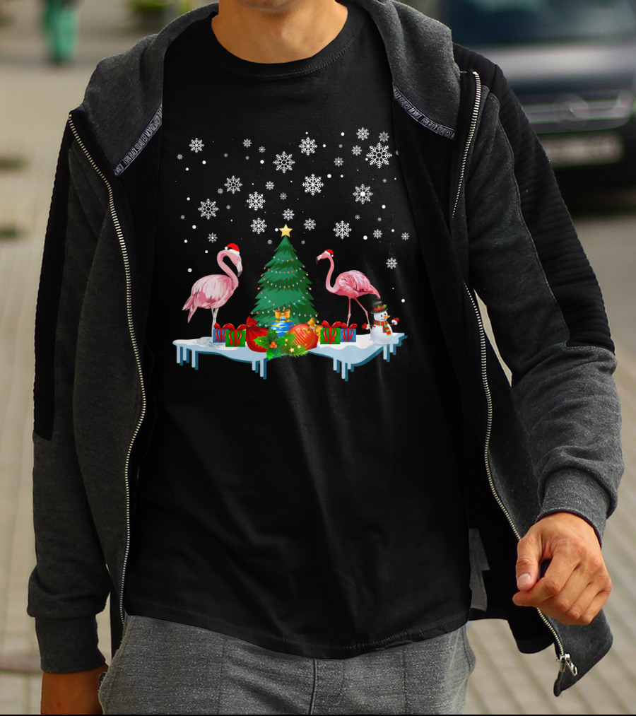 Flamingo Merry Snowflakes Christmas Tree And Santa Hat T-Shirt
