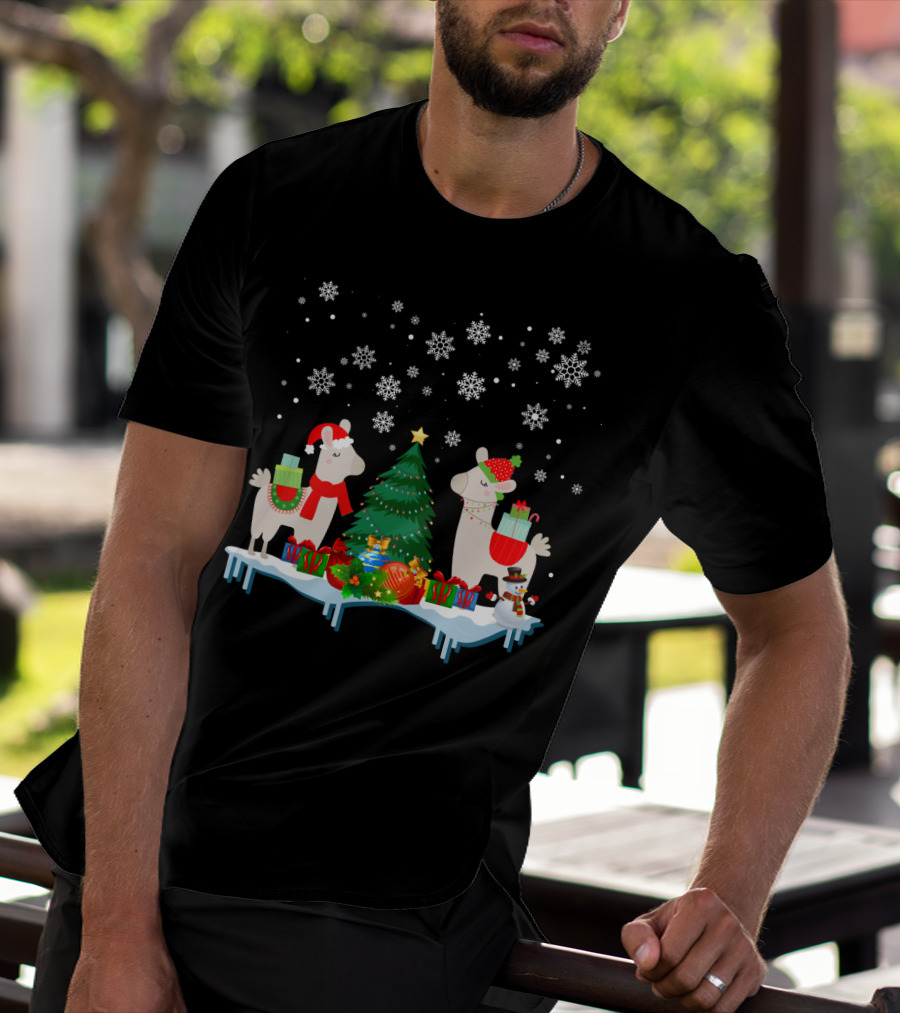Llamas Merry Christmas Snowflakes Presents Tree T-Shirt