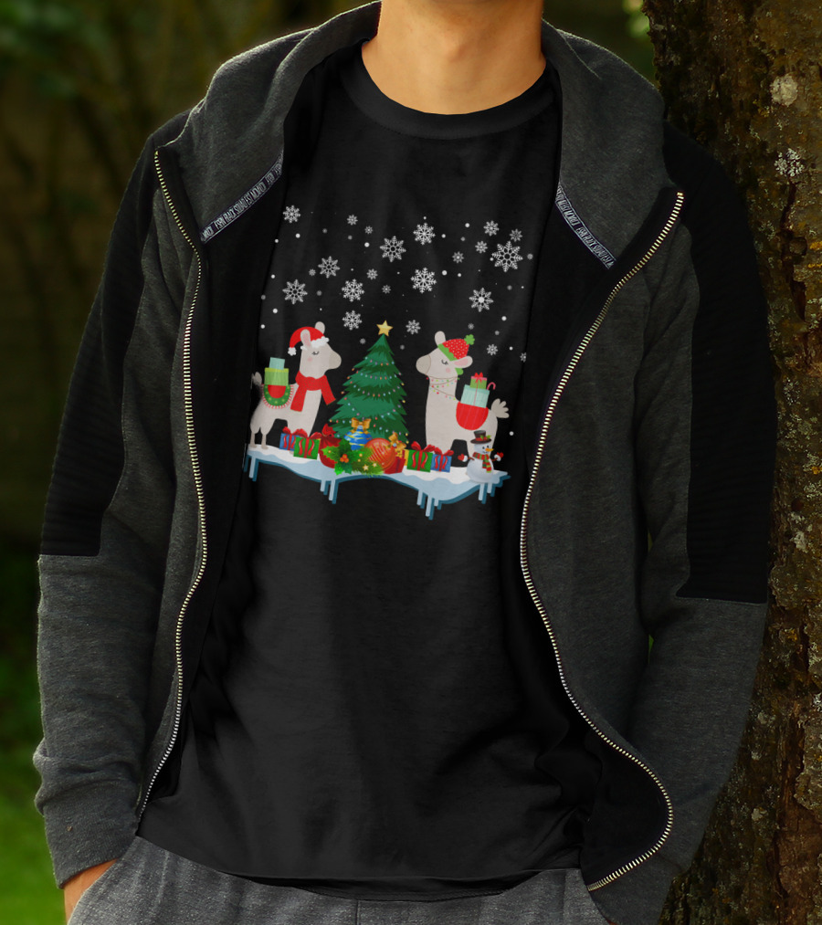 Llamas Merry Christmas Snowflakes Presents Tree T-Shirt