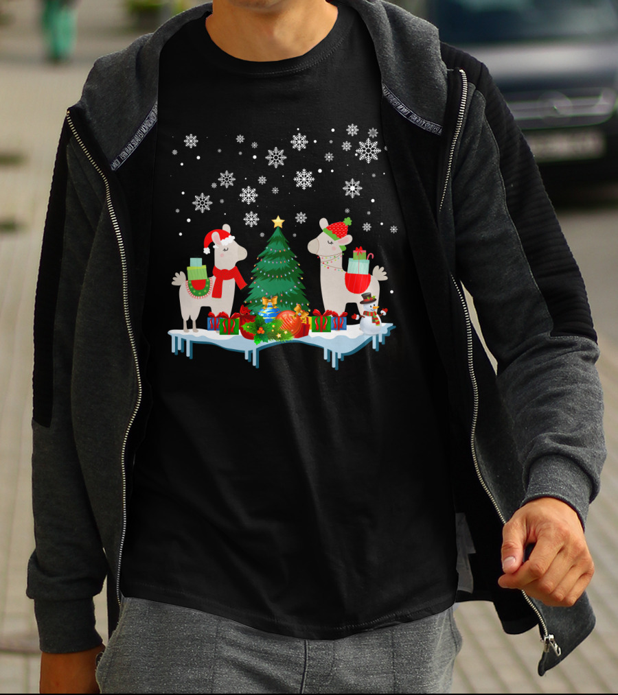 Llamas Merry Christmas Snowflakes Presents Tree T-Shirt