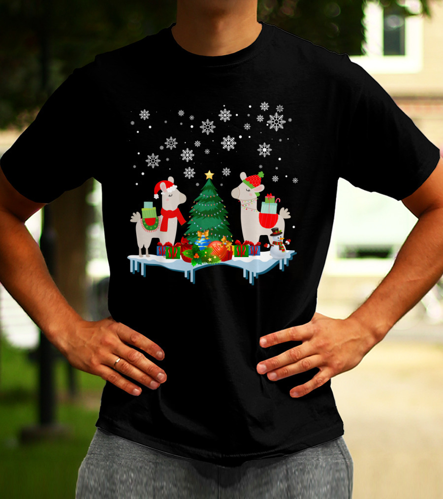 Llamas Merry Christmas Snowflakes Presents Tree T-Shirt