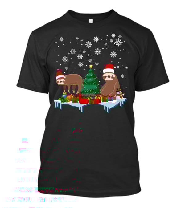 Sloth Merry Christmas Snowflakes Santa Hat Gifts Tree T-Shirt