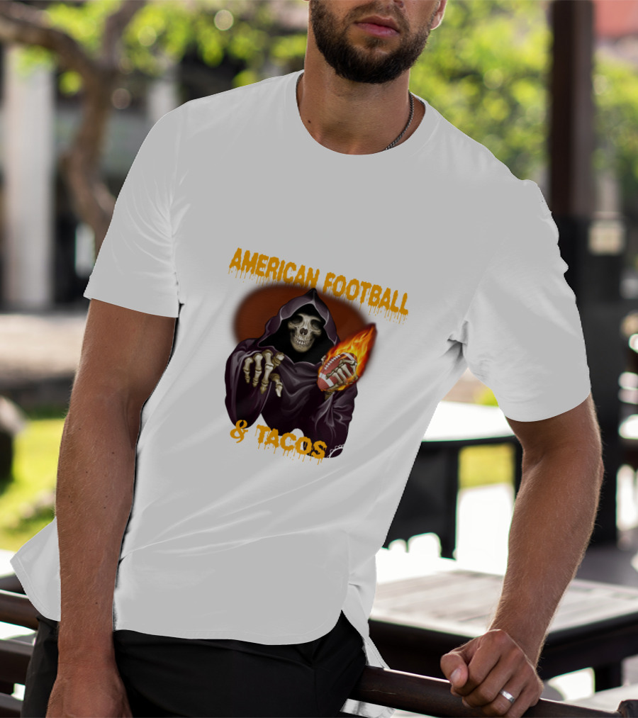 American Football And Tacos Skeleton Holding Flaming Football T-Shirt