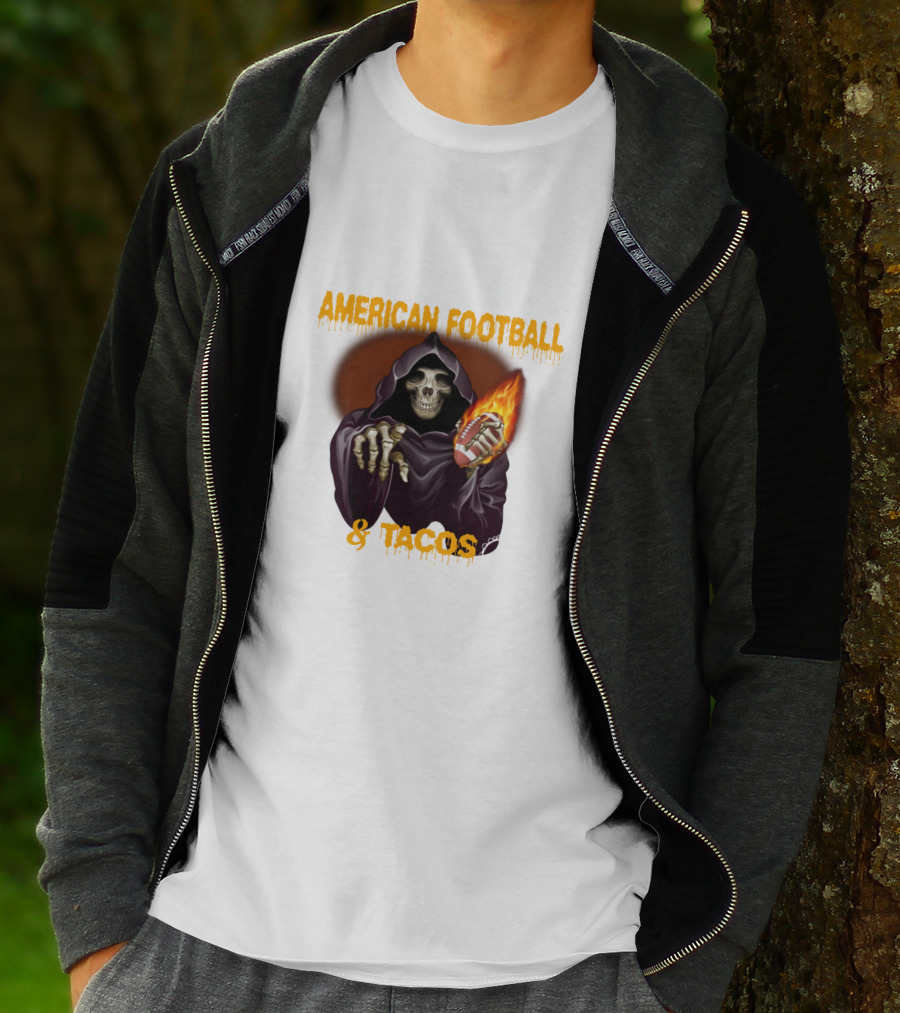 American Football And Tacos Skeleton Holding Flaming Football T-Shirt