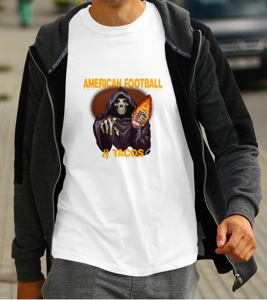 American Football And Tacos Skeleton Holding Flaming Football T-Shirt