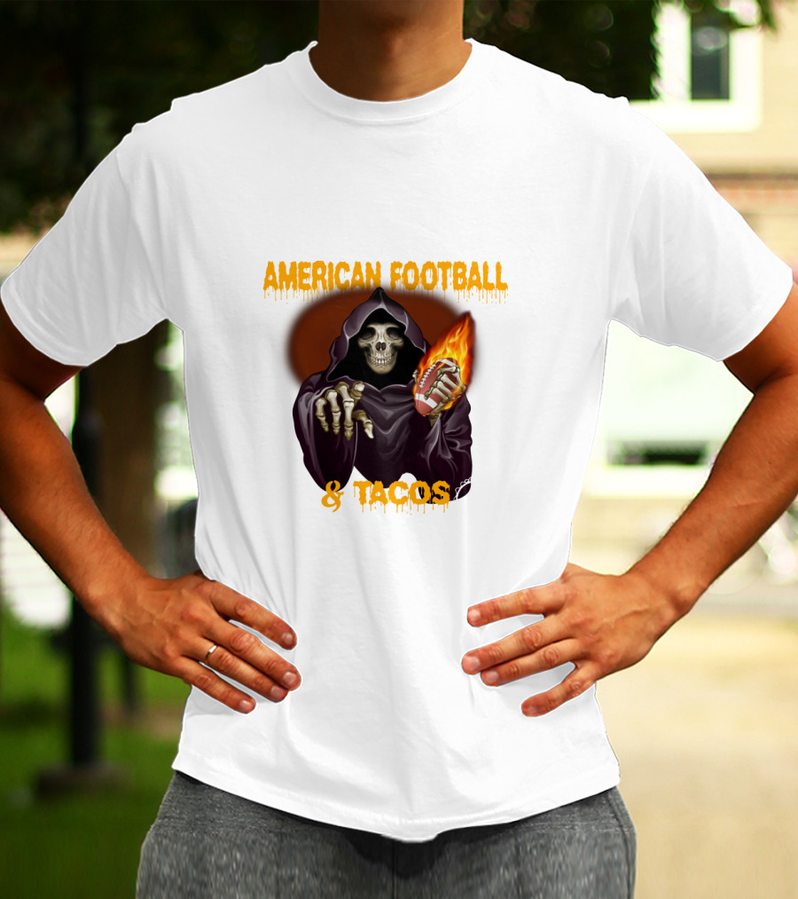 American Football And Tacos Skeleton Holding Flaming Football T-Shirt