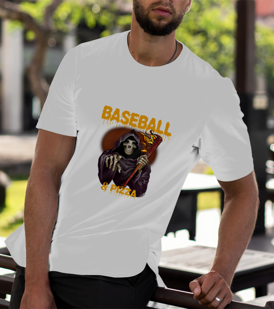 Grim Reaper With Flaming Baseball Bat Celebrates Baseball And Pizza T-Shirt