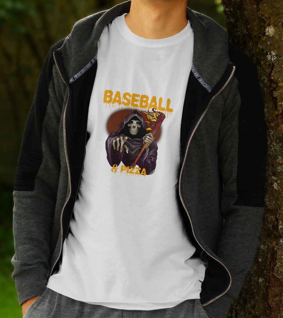 Grim Reaper With Flaming Baseball Bat Celebrates Baseball And Pizza T-Shirt