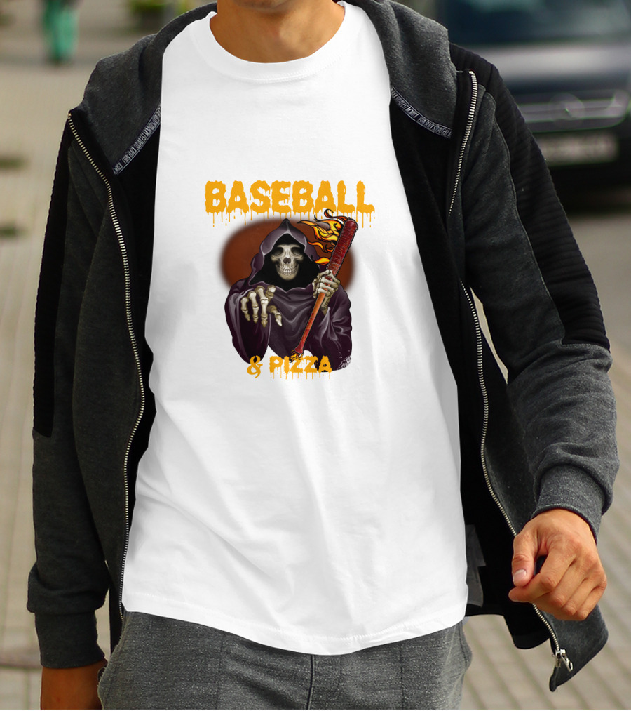 Grim Reaper With Flaming Baseball Bat Celebrates Baseball And Pizza T-Shirt