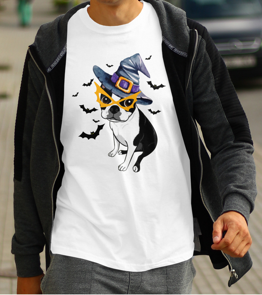 Boston Terrier Wears Witch Hat And Mask With Bats T-Shirt