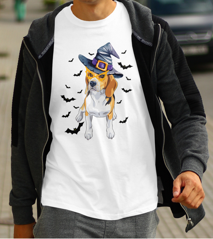 Beagle Wears Halloween Witch Hat Surrounded By Flying Bats T-Shirt