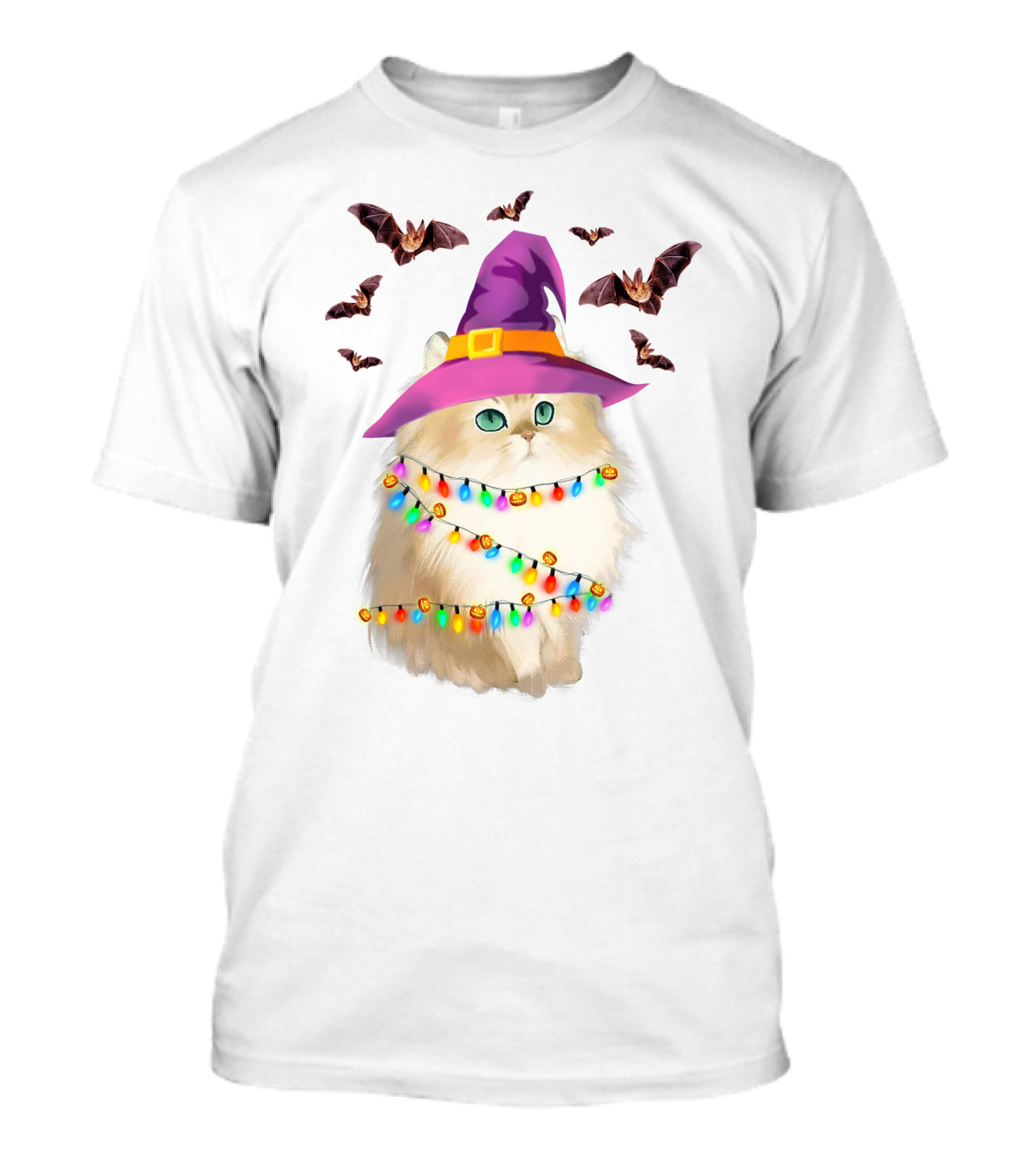 Fluffy Cat In Witch Hat With Halloween Bats And Colorful Christmas Lights T-Shirt