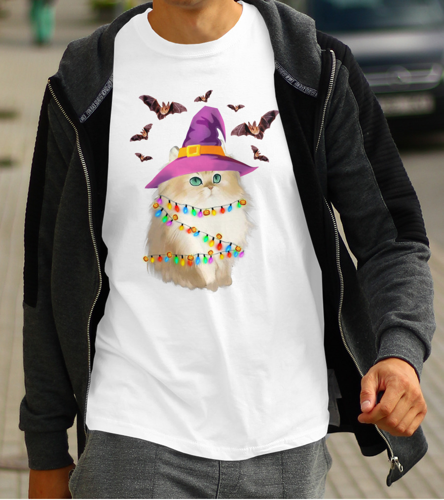 Fluffy Cat In Witch Hat With Halloween Bats And Colorful Christmas Lights T-Shirt