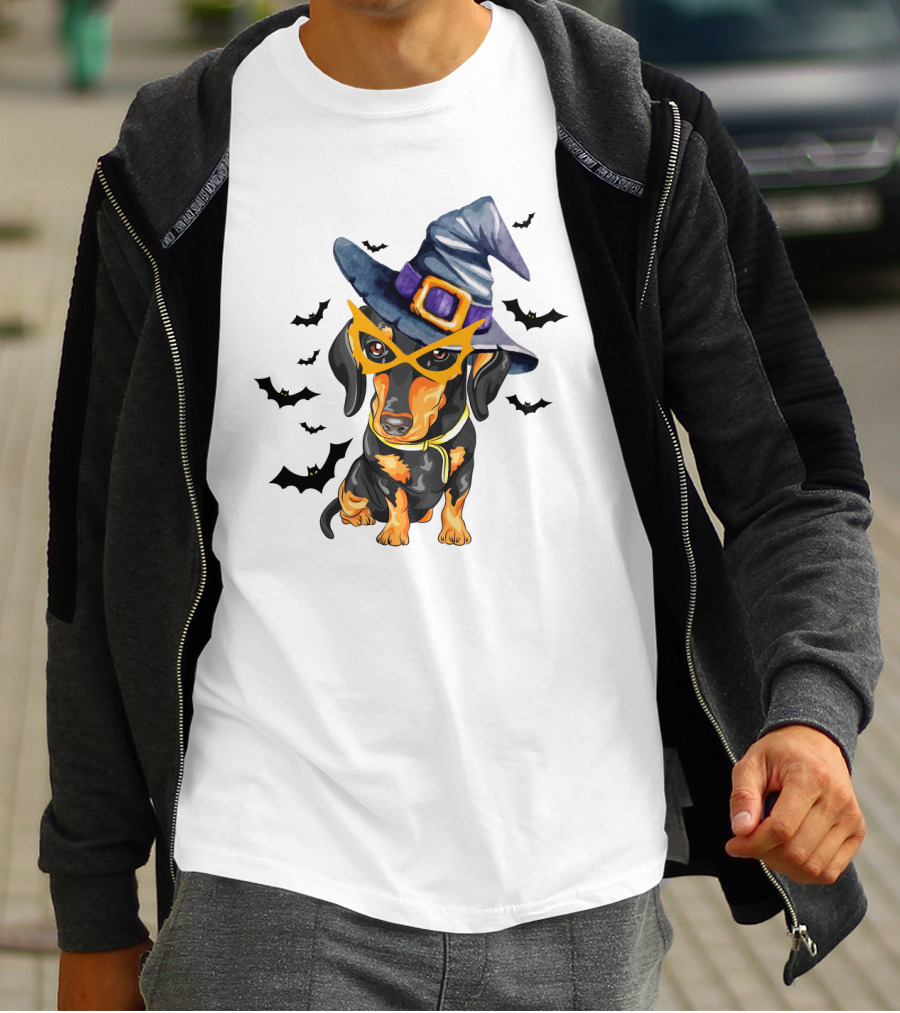 Dachshund Wears Witch Hat And Glasses Surrounded By Bats T-Shirt