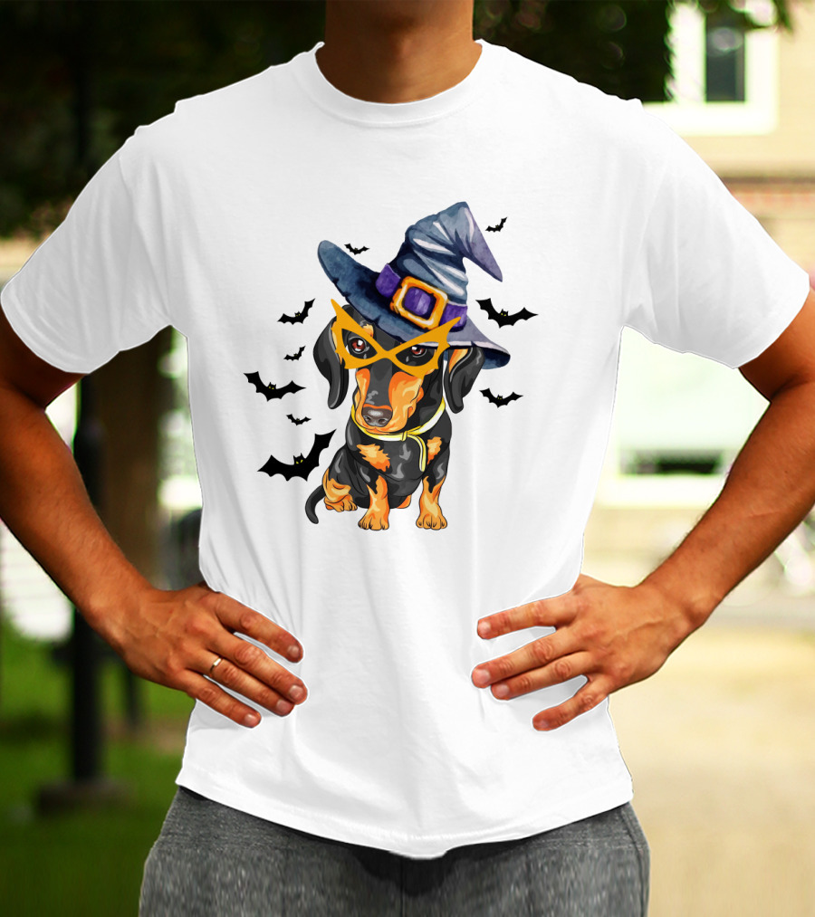Dachshund Wears Witch Hat And Glasses Surrounded By Bats T-Shirt