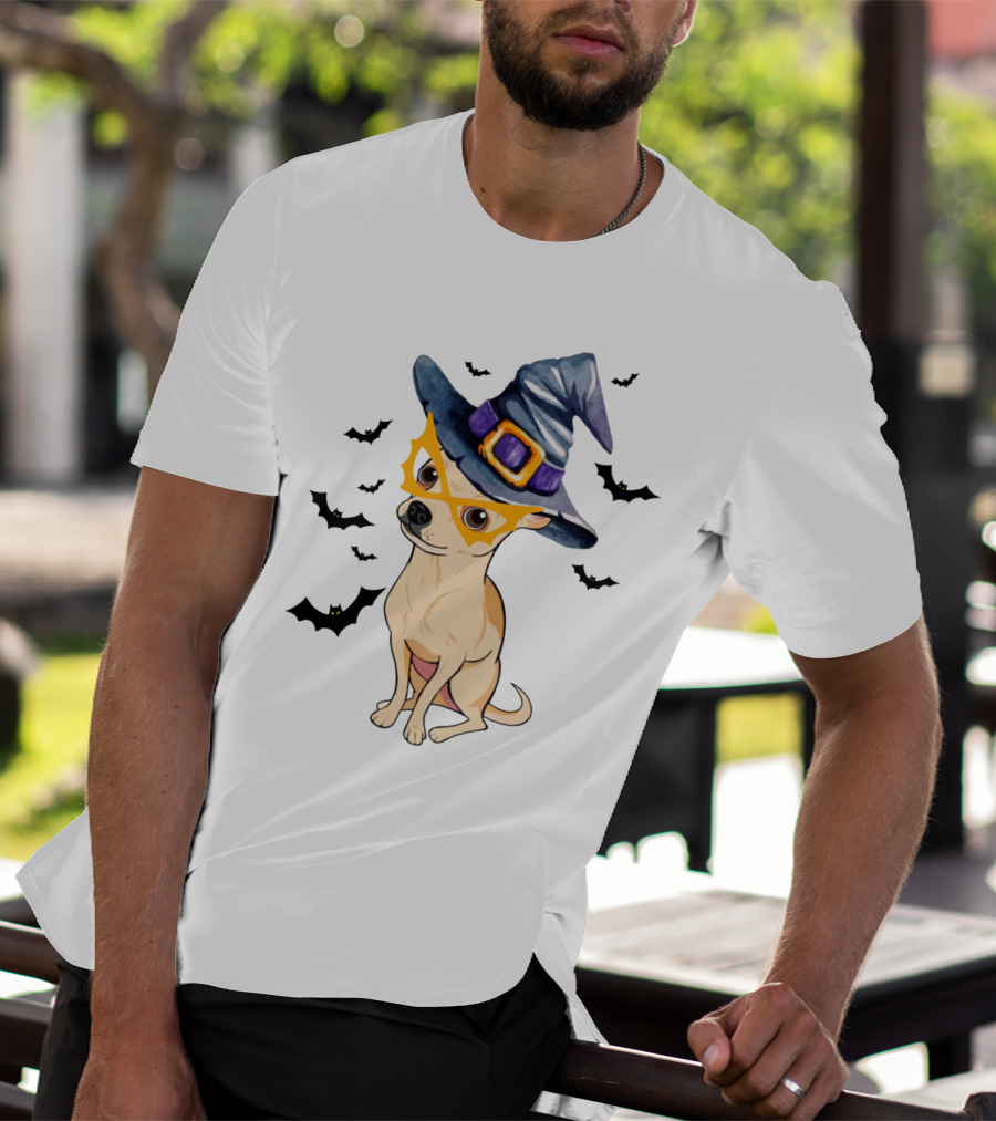 Chihuahua In Witch Hat With Halloween Bats T-Shirt