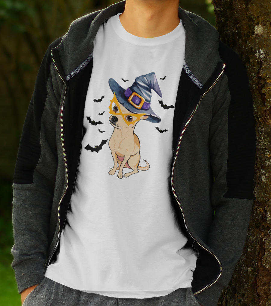Chihuahua In Witch Hat With Halloween Bats T-Shirt