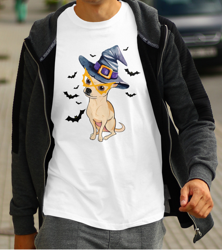 Chihuahua In Witch Hat With Halloween Bats T-Shirt