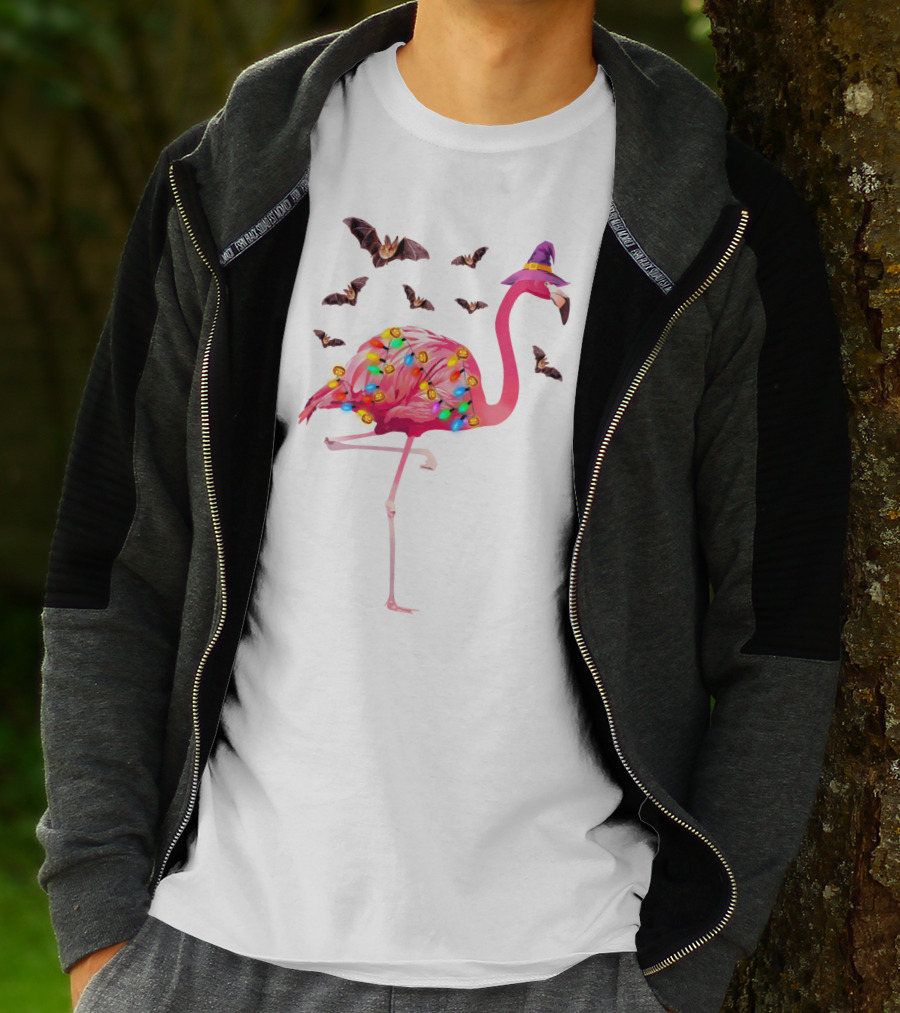 Flamingo In Witch Hat With Halloween Bats And Colorful Lights T-Shirt