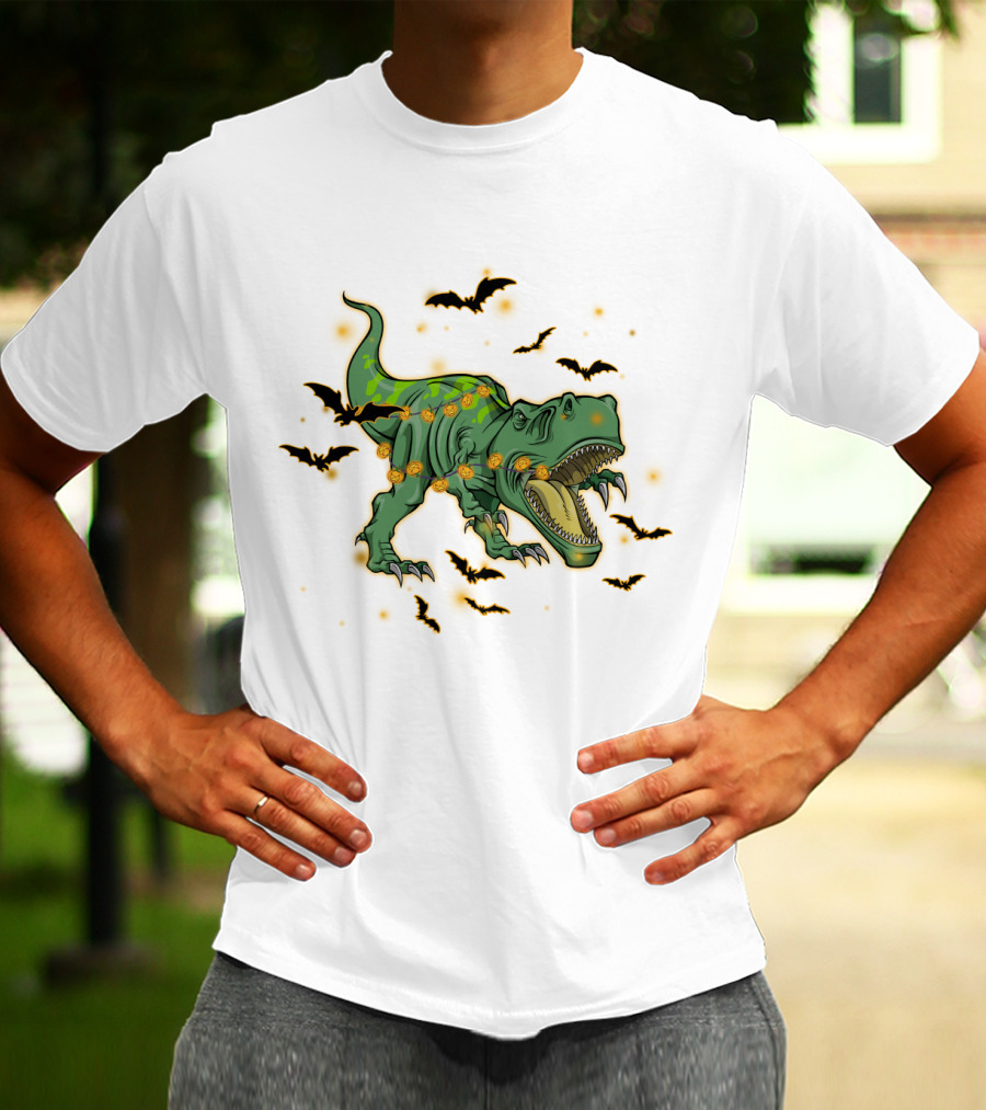 Halloween Saurus Dinosaur With Pumpkin Lights And Flying Bats T-Shirt