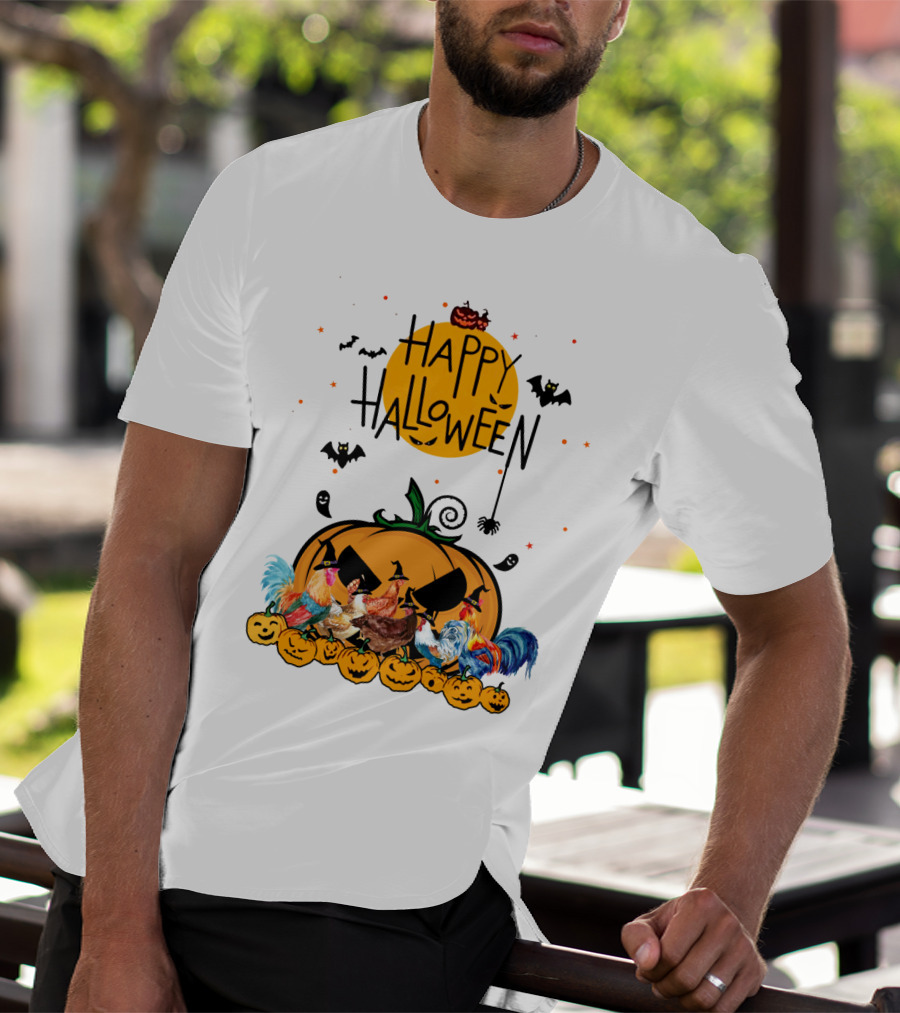 Happy Halloween Chickens With Spooky Pumpkin And Bats T-Shirt