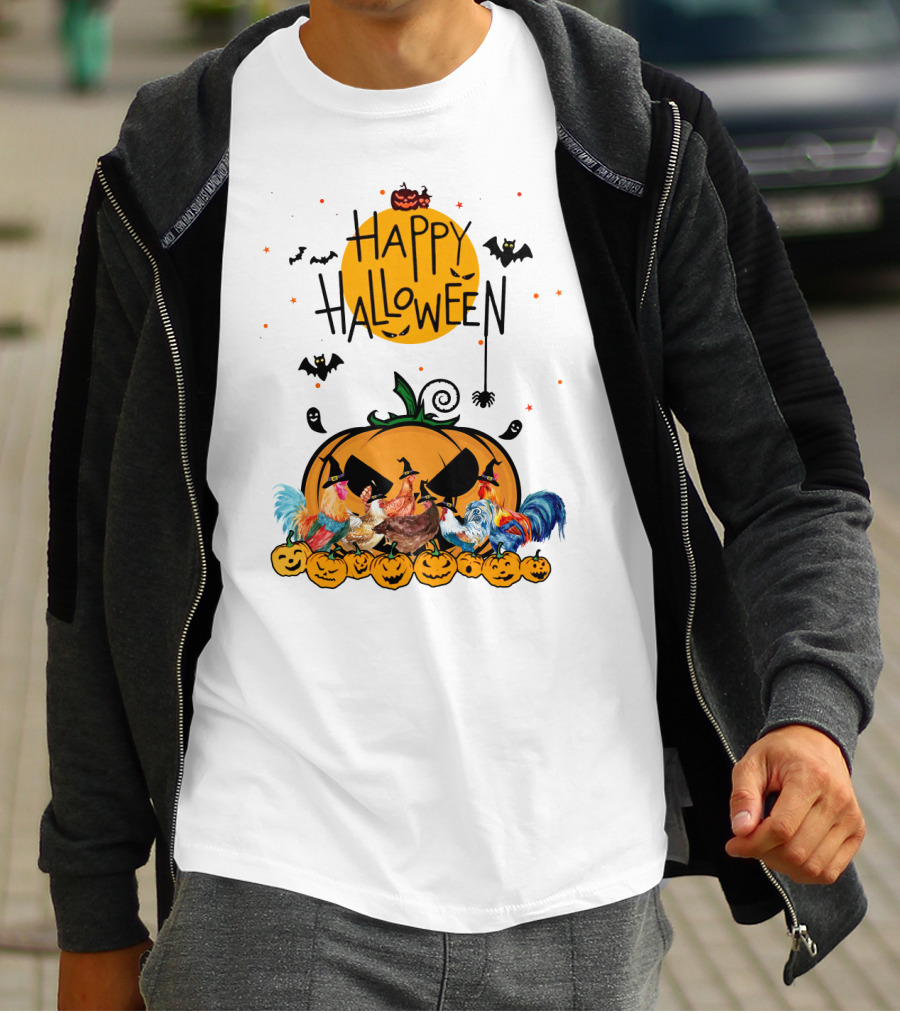 Happy Halloween Chickens With Spooky Pumpkin And Bats T-Shirt