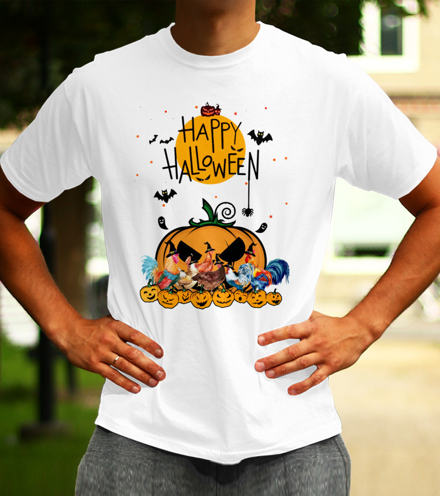 Happy Halloween Chickens With Spooky Pumpkin And Bats T-Shirt