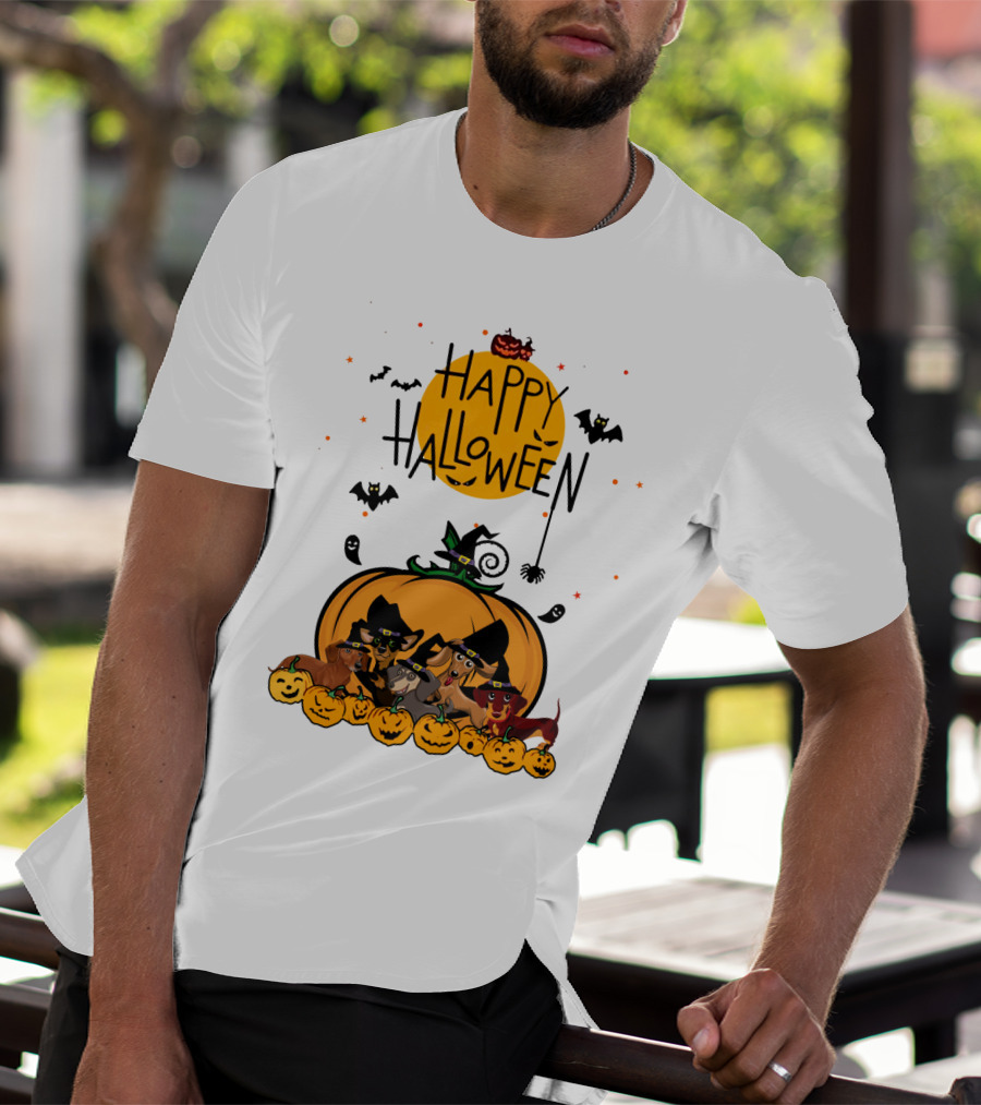 Happy Halloween Dachshunds With Witch Hats And Pumpkins T-Shirt