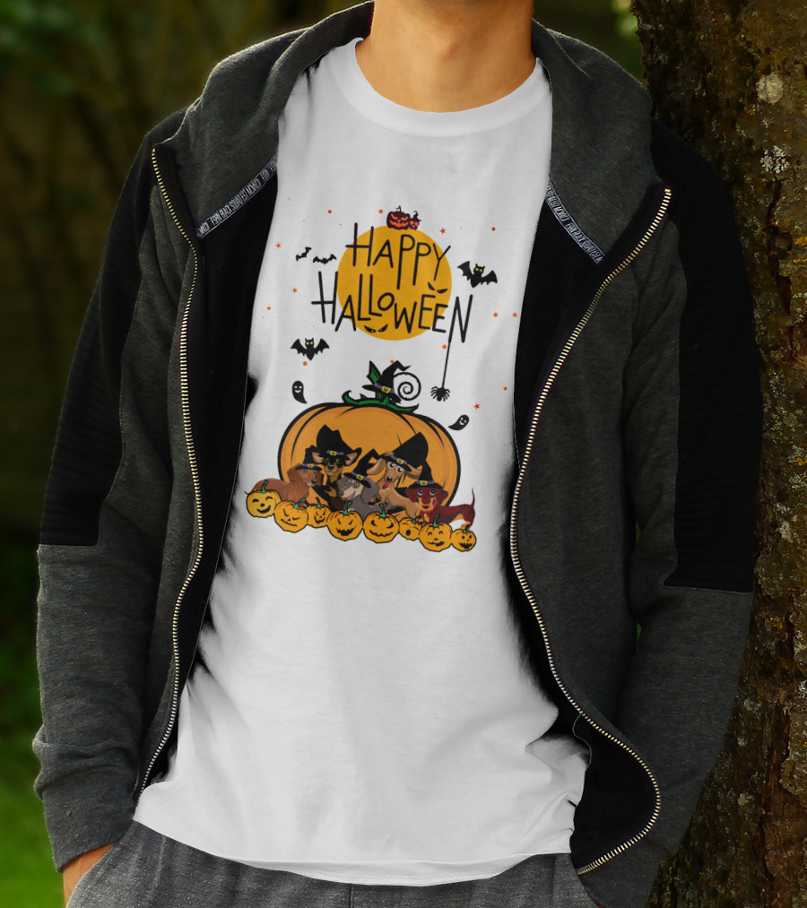 Happy Halloween Dachshunds With Witch Hats And Pumpkins T-Shirt