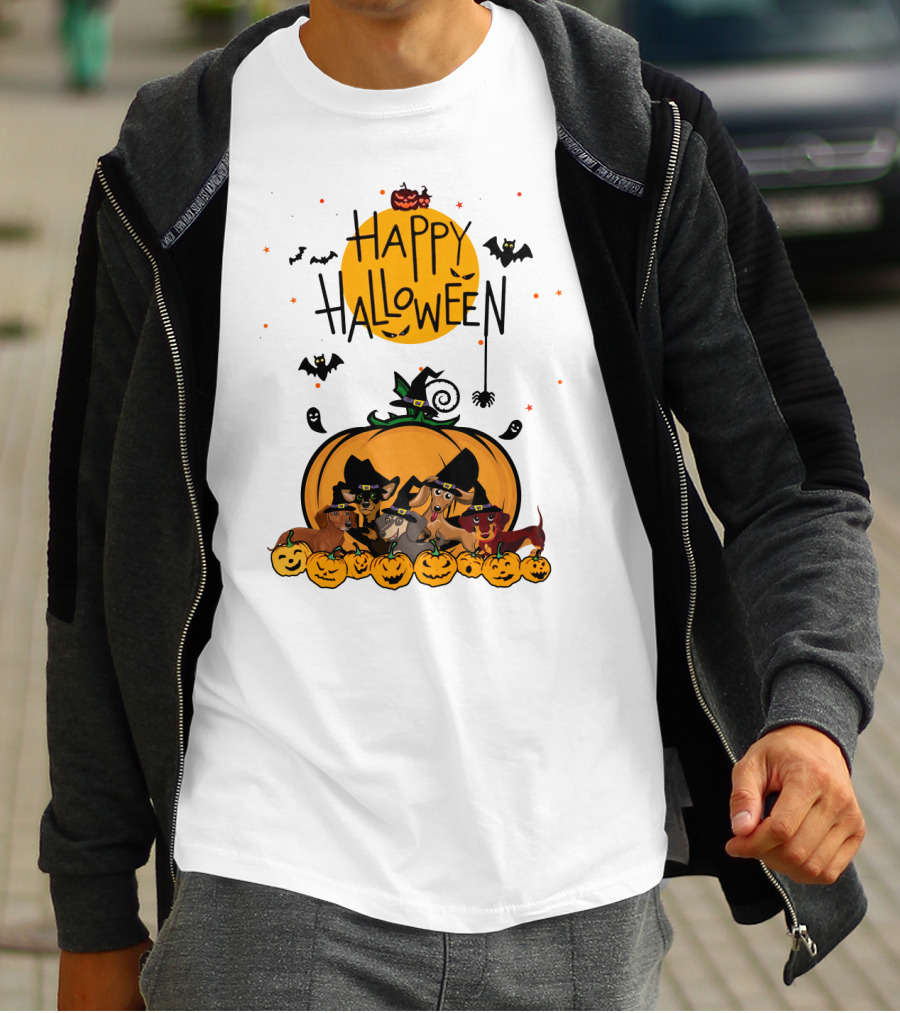 Happy Halloween Dachshunds With Witch Hats And Pumpkins T-Shirt