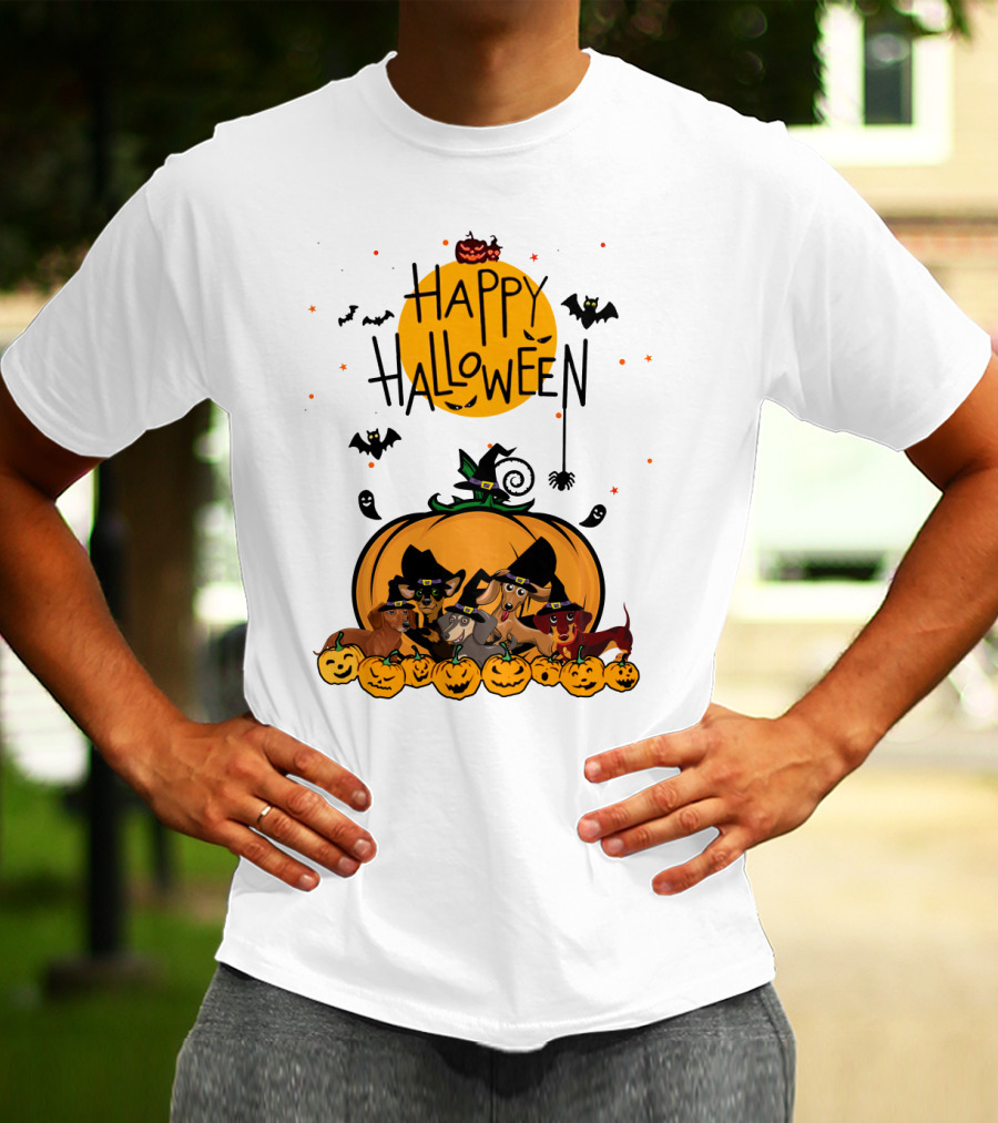 Happy Halloween Dachshunds With Witch Hats And Pumpkins T-Shirt