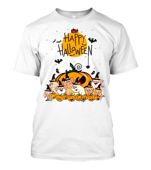 Happy Halloween Pig Pals With Pumpkins And Bats T-Shirt