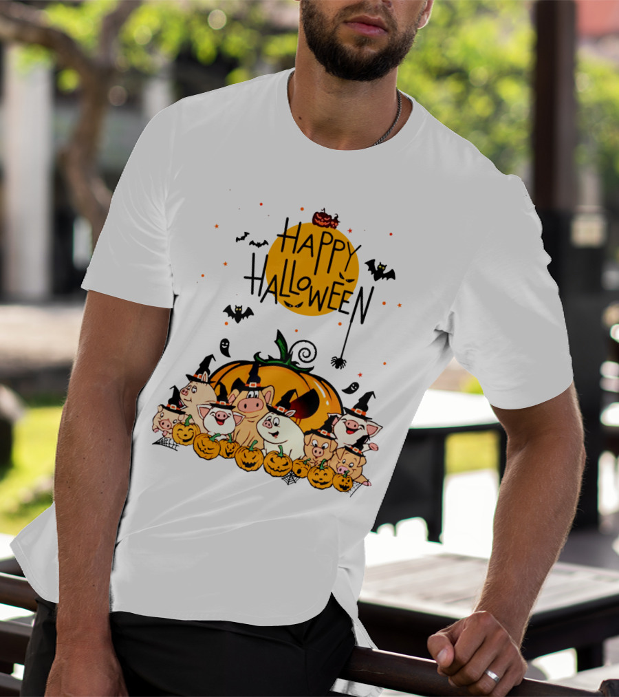 Happy Halloween Pig Pals With Pumpkins And Bats T-Shirt