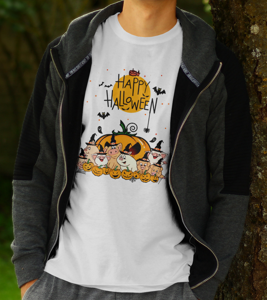 Happy Halloween Pig Pals With Pumpkins And Bats T-Shirt