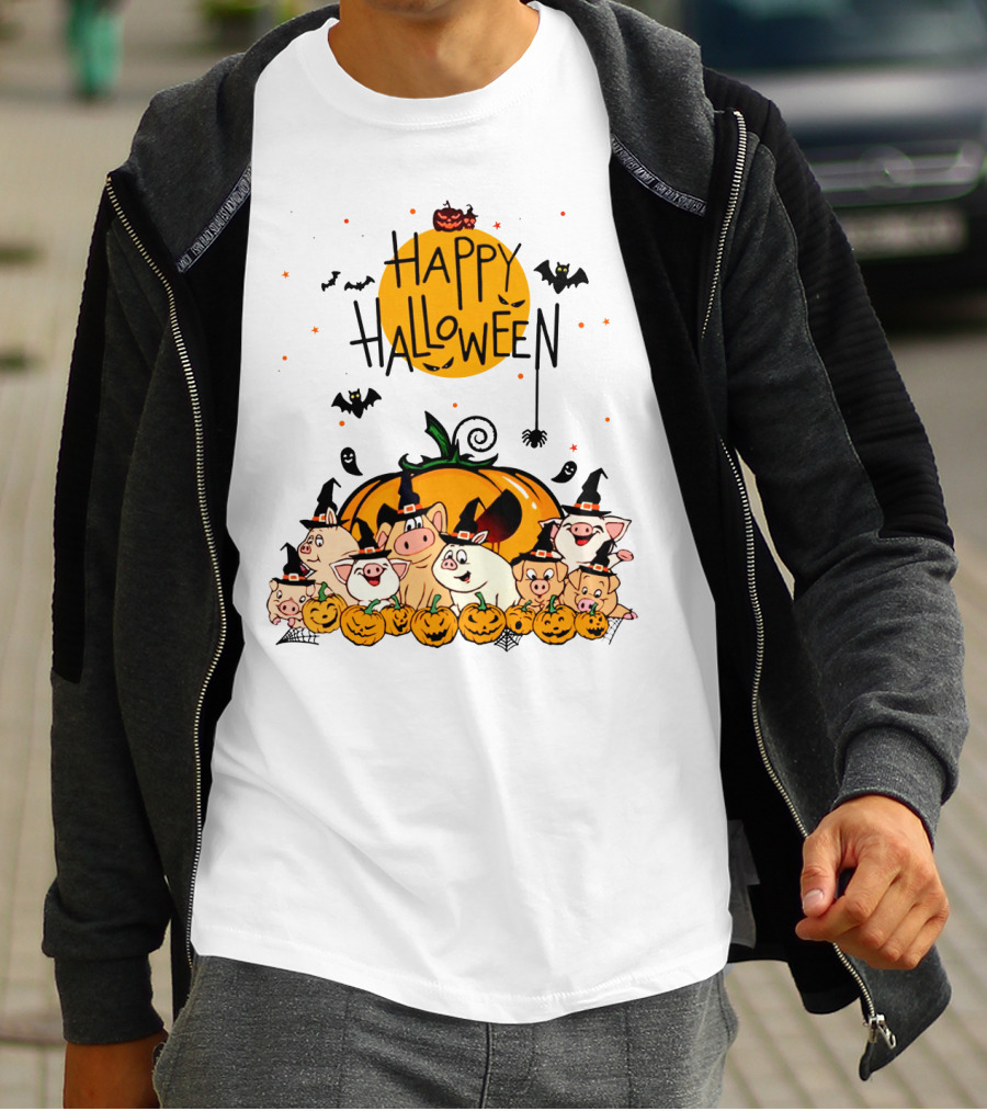 Happy Halloween Pig Pals With Pumpkins And Bats T-Shirt