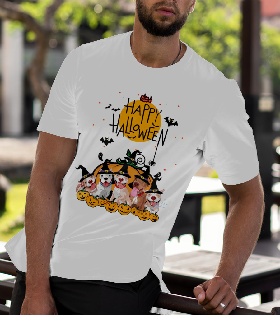 Happy Halloween Pitbulls Witch Hats Pumpkins Bats Ghosts Moon Spooky Dog T-Shirt