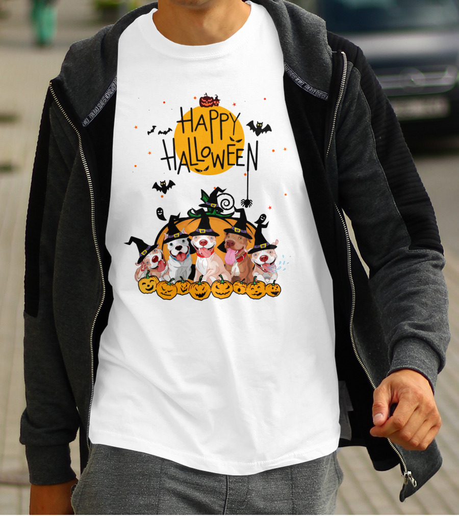 Happy Halloween Pitbulls Witch Hats Pumpkins Bats Ghosts Moon Spooky Dog T-Shirt