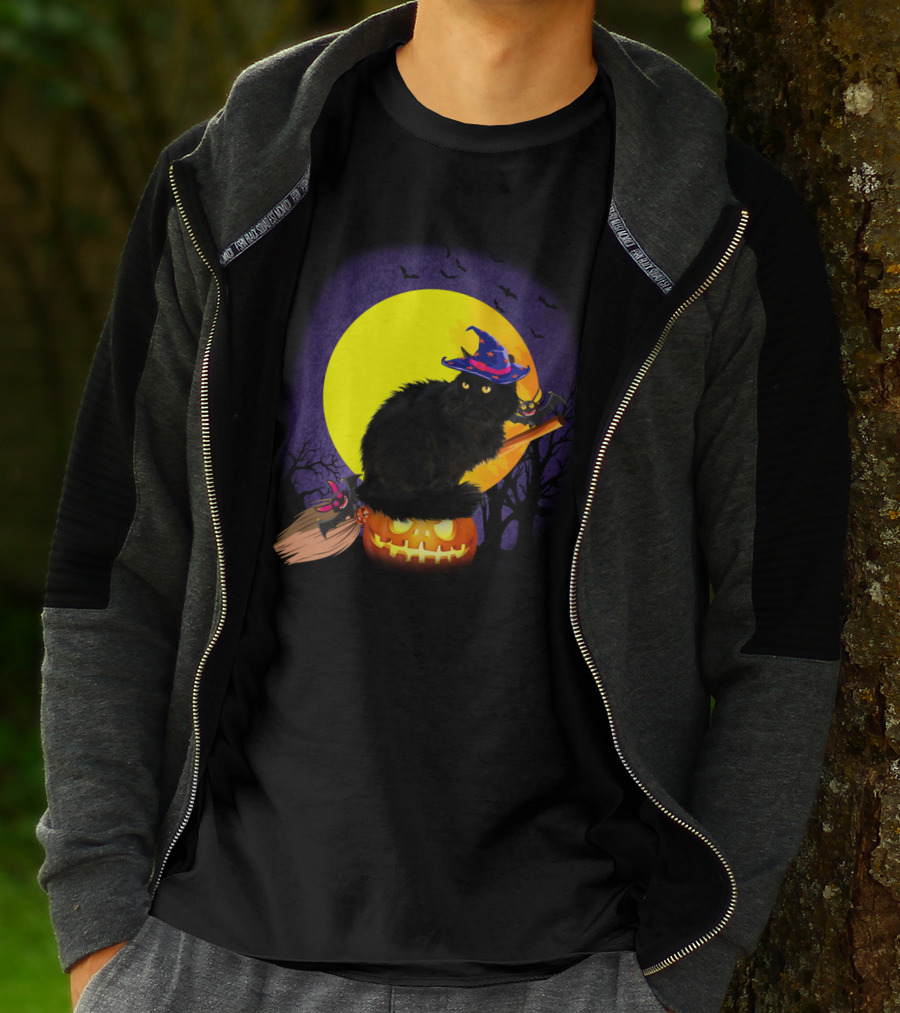 Halloween Cat With Witch Hat On Pumpkin And Broomstick T-Shirt