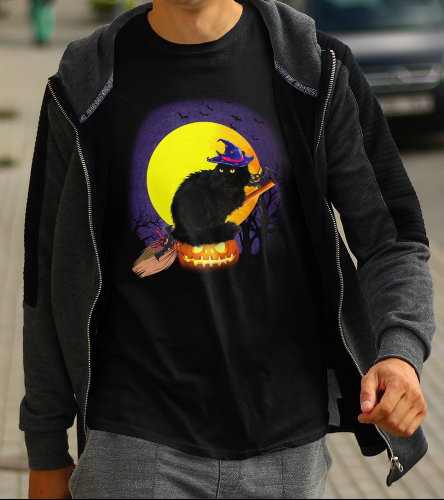 Halloween Cat With Witch Hat On Pumpkin And Broomstick T-Shirt