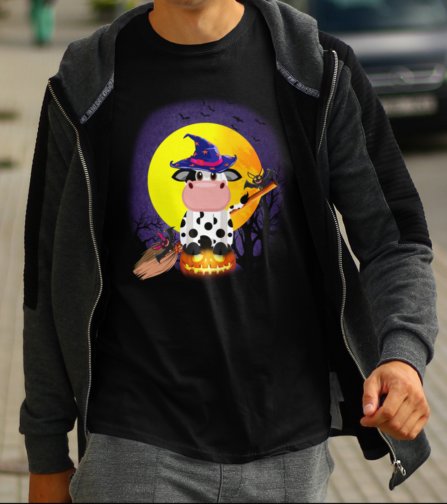 Cow Witch Spooky Halloween Full Moon Scene With Pumpkin And Broomstick T-Shirt