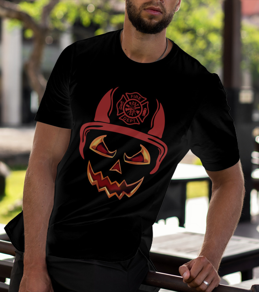 Fire Dept Firefighter Pumpkin Halloween Face T-Shirt
