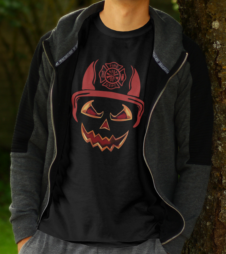 Fire Dept Firefighter Pumpkin Halloween Face T-Shirt